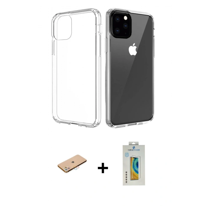 MARSİLYAN™- iPhone 11 Pro Max Kılıf Zirve Doku - Siyah Polymer Nano Ekran Koruyucu + Renkli Kamera Lens Koruma Cam - PE