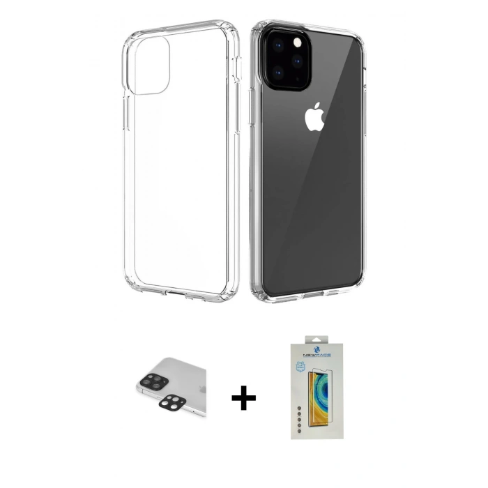 MARSİLYAN™- iPhone 11 Pro Max Kılıf Zirve Doku - Siyah Polymer Nano Ekran Koruyucu + Siyah Pers Alüminyum Kamera Lens