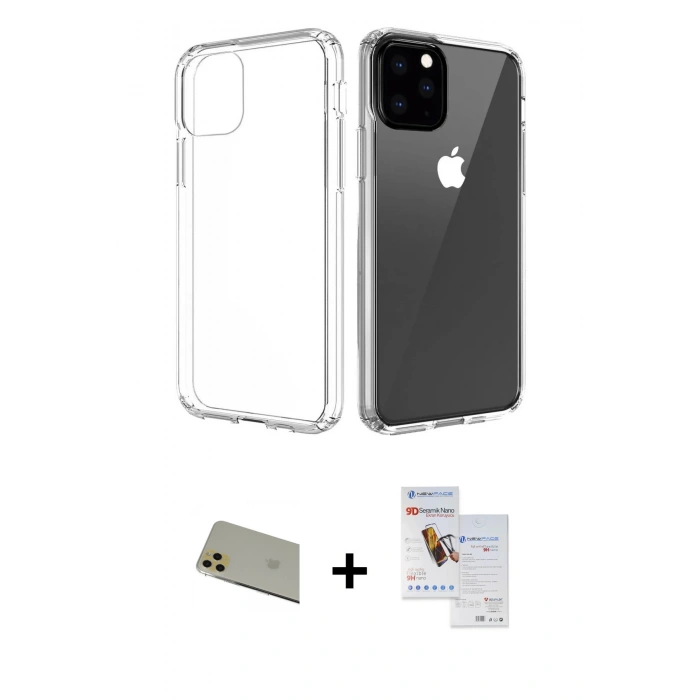 MARSİLYAN™- iPhone 11 Pro Max Kılıf Zirve Doku - Siyah Seramik Nano Ekran Koruyucu + Rainbow Kamera Lens Koruma Cam - GD