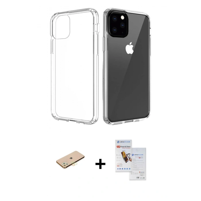 MARSİLYAN™- iPhone 11 Pro Max Kılıf Zirve Doku - Siyah Seramik Nano Ekran Koruyucu + Renkli Kamera Lens Koruma Cam - SI