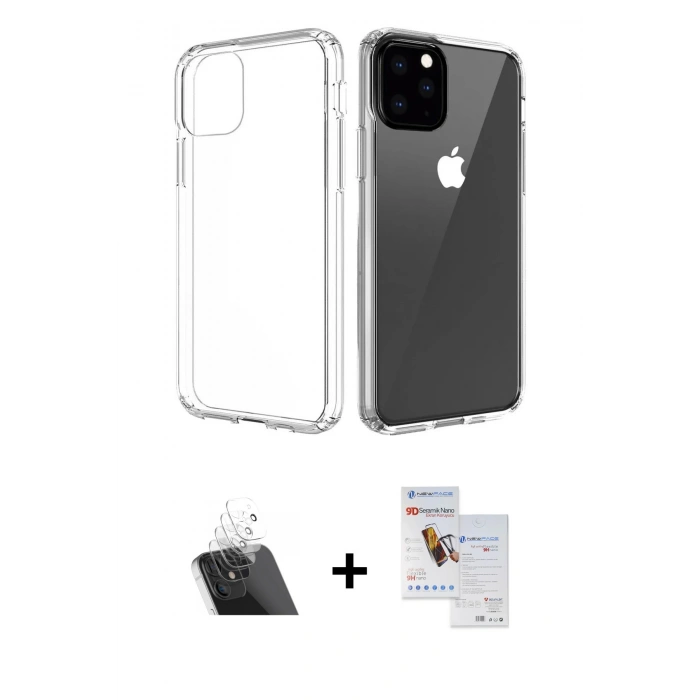 MARSİLYAN™- iPhone 11 Pro Max Kılıf Zirve Doku - Siyah Seramik Nano Ekran Koruyucu + Şeffaf Kamera Lens Koruma Cam