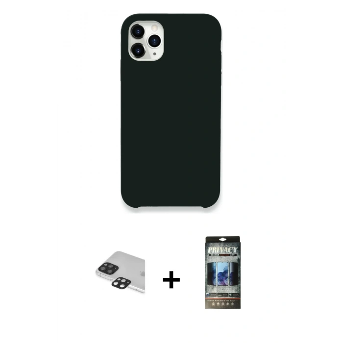 MARSİLYAN™- iPhone 11 Pro Max Kılıf Zirve Modern Özel Seri - Siyah 34D Hayalet Izgaralı Cam + Pers Alüminyum Kamera Lens - SH