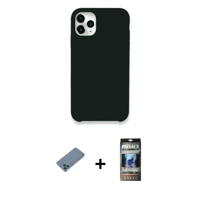 MARSİLYAN™- iPhone 11 Pro Max Kılıf Zirve Modern Özel Seri - Siyah 34D Hayalet Izgaralı Cam + Shine Kamera Lens Koruma Cam - MI