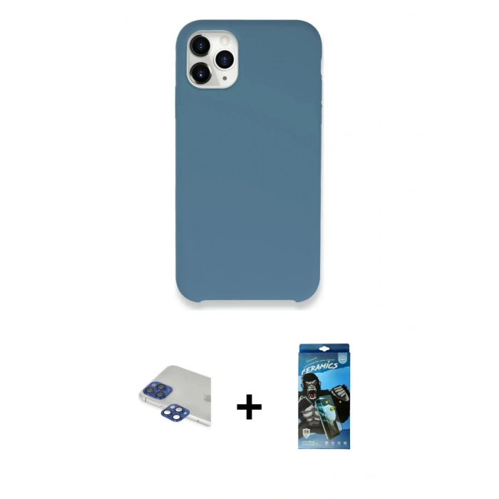 MARSİLYAN™- iPhone 11 Pro Max Kılıf Zirve Modern Özel Seri - Siyah 34D Izgaralı Cam + Lacivert Pers Alüminyum Kamera Lens