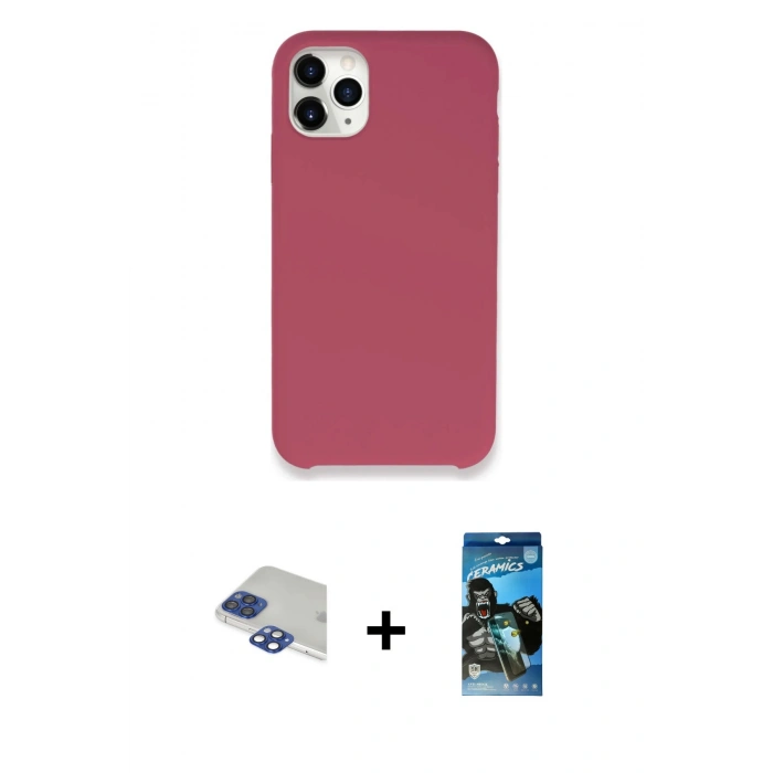 MARSİLYAN™- iPhone 11 Pro Max Kılıf Zirve Modern Özel Seri - Siyah 34D Izgaralı Cam + Lacivert Pers Alüminyum Kamera Lens