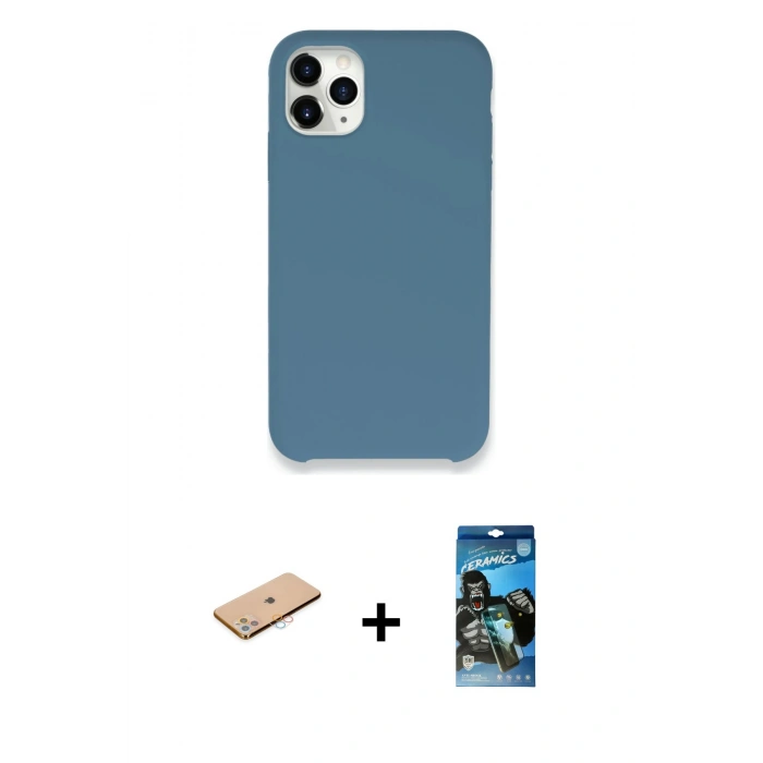MARSİLYAN™- iPhone 11 Pro Max Kılıf Zirve Modern Özel Seri - Siyah 34D Izgaralı Cam + Renkli Kamera Lens Koruma Cam - PE