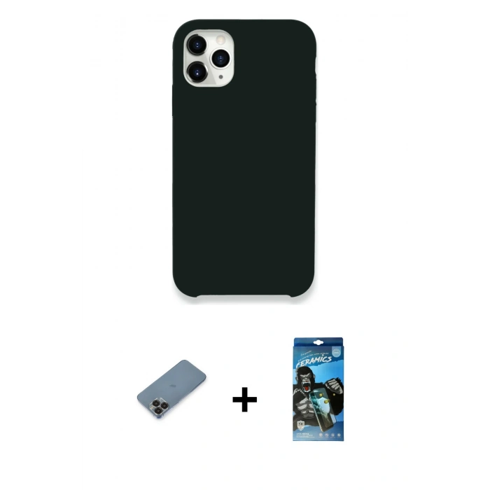 MARSİLYAN™- iPhone 11 Pro Max Kılıf Zirve Modern Özel Seri - Siyah 34D Izgaralı Cam + Metal Kamera Lens Koruma Cam - SH