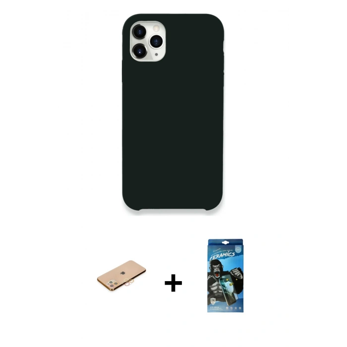MARSİLYAN™- iPhone 11 Pro Max Kılıf Zirve Modern Özel Seri - Siyah 34D Izgaralı Cam + Renkli Kamera Lens Koruma Cam - TU