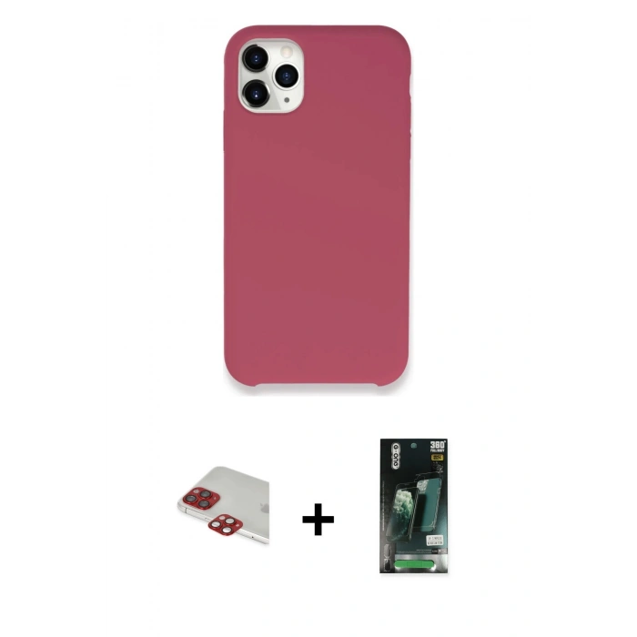 MARSİLYAN™- iPhone 11 Pro Max Kılıf Zirve Modern Özel Seri - Siyah 360 Mat Full Body Arka Koruyucu + Kırmızı Pers Alüminyum Kamera Lens