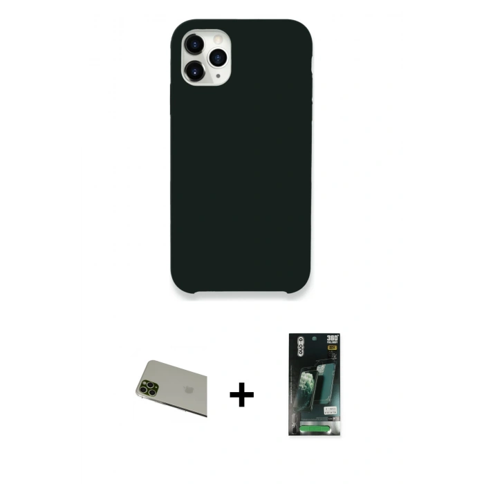 MARSİLYAN™- iPhone 11 Pro Max Kılıf Zirve Modern Özel Seri - Siyah 360 Mat Full Body Arka Koruyucu + Rainbow Kamera Lens Koruma Cam - YL