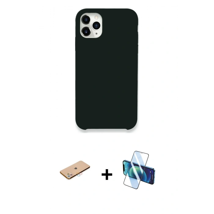 MARSİLYAN™- iPhone 11 Pro Max Kılıf Zirve Modern Özel Seri - Siyah 3D Antistatik Cam Ekran Koruyucu + Renkli Kamera Lens Koruma Cam - PE