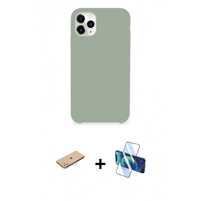 MARSİLYAN™- iPhone 11 Pro Max Kılıf Zirve Modern Özel Seri - Siyah 3D Antistatik Cam Ekran Koruyucu + Renkli Kamera Lens Koruma Cam - PE