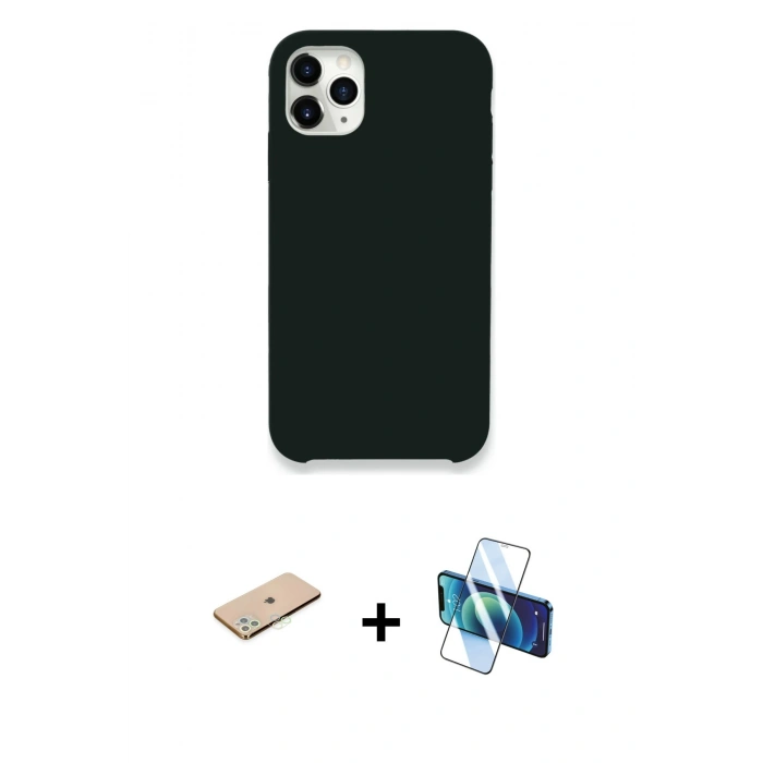 MARSİLYAN™- iPhone 11 Pro Max Kılıf Zirve Modern Özel Seri - Siyah 3D Antistatik Cam Ekran Koruyucu + Renkli Kamera Lens Koruma Cam - YL