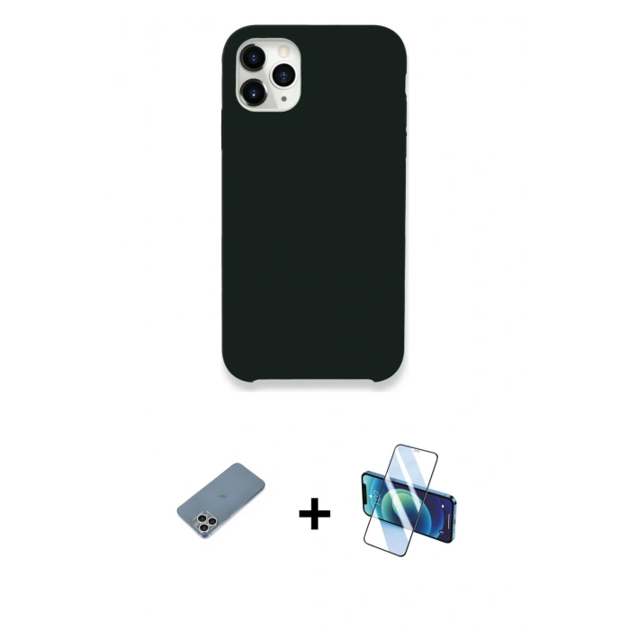 MARSİLYAN™- iPhone 11 Pro Max Kılıf Zirve Modern Özel Seri - Siyah 3D Antistatik Cam Ekran Koruyucu + Shine Kamera Lens Koruma Cam - GS