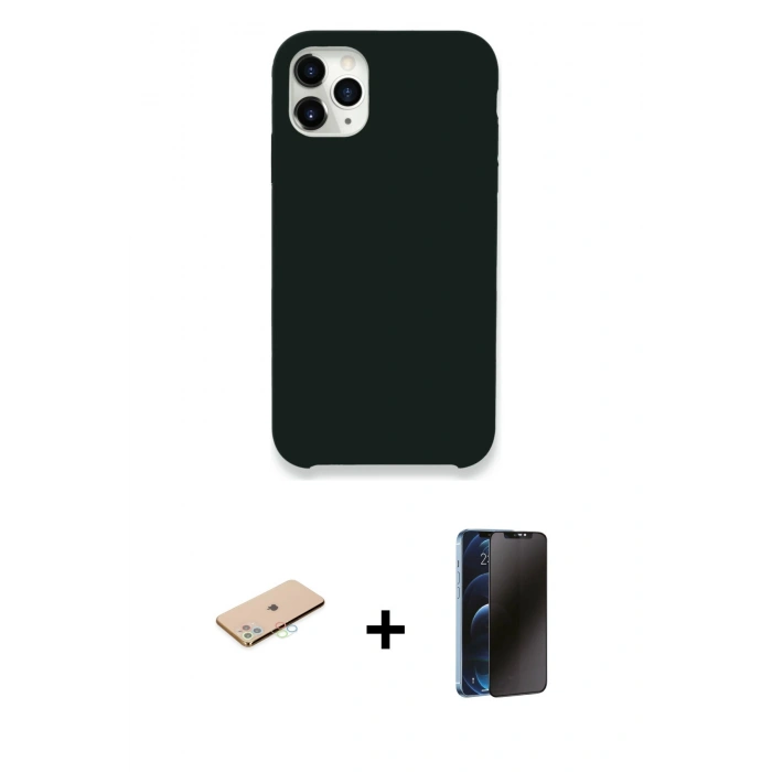 MARSİLYAN™- iPhone 11 Pro Max Kılıf Zirve Modern Özel Seri - Siyah 3D Antistatik Hayalet Cam Ekran Koruyucu + Renkli Kamera Lens Koruma Cam - MI