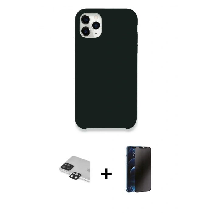 MARSİLYAN™- iPhone 11 Pro Max Kılıf Zirve Modern Özel Seri - Siyah 3D Antistatik Hayalet Cam Ekran Koruyucu + Pers Alüminyum Kamera Lens - SH