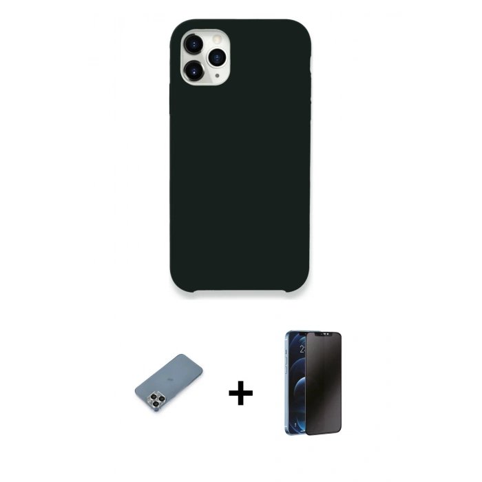 MARSİLYAN™- iPhone 11 Pro Max Kılıf Zirve Modern Özel Seri - Siyah 3D Antistatik Hayalet Cam Ekran Koruyucu + Metal Kamera Lens Koruma Cam - GS