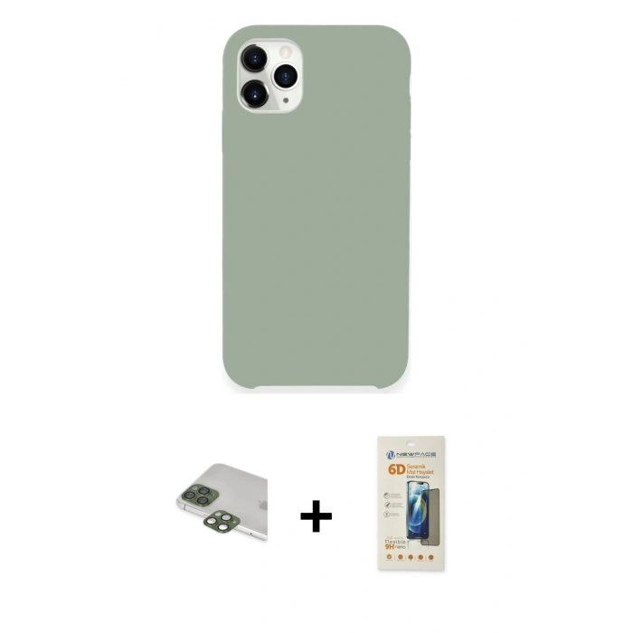 MARSİLYAN™- iPhone 11 Pro Max Kılıf Zirve Modern Özel Seri - Siyah 6D Mat Seramik Hayalet Nano Ekran Koruyucu + Yeşil Pers Alüminyum Kamera Lens