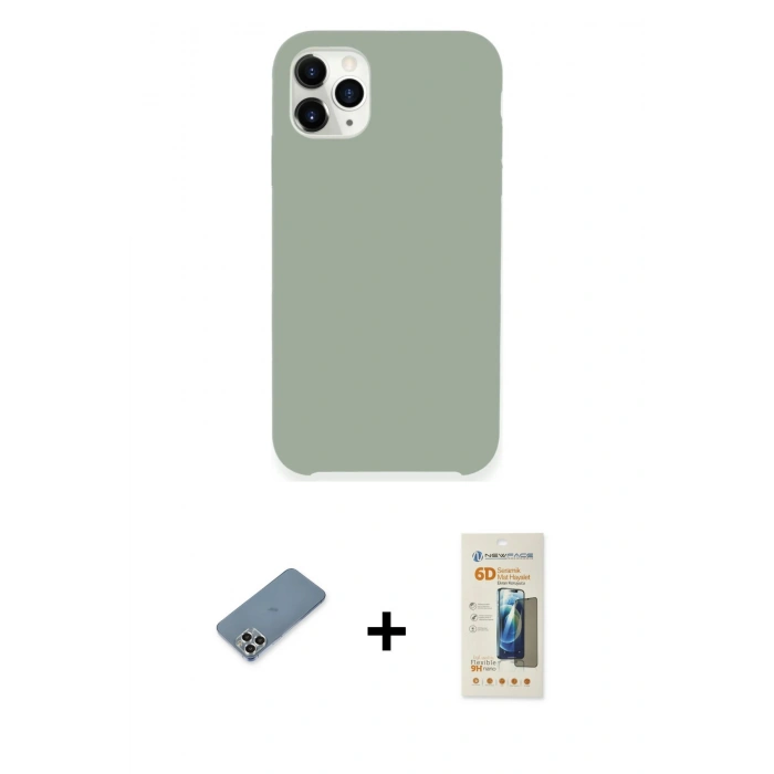 MARSİLYAN™- iPhone 11 Pro Max Kılıf Zirve Modern Özel Seri - Siyah 6D Mat Seramik Hayalet Nano Ekran Koruyucu + Gümüş Metal Kamera Lens Koruma Cam