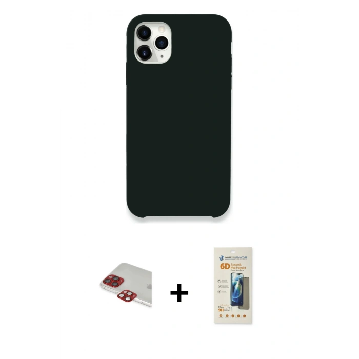 MARSİLYAN™- iPhone 11 Pro Max Kılıf Zirve Modern Özel Seri - Siyah 6D Mat Seramik Hayalet Nano Ekran Koruyucu + Pers Alüminyum Kamera Lens - KI