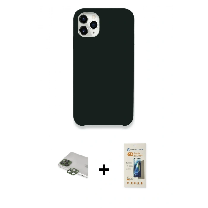 MARSİLYAN™- iPhone 11 Pro Max Kılıf Zirve Modern Özel Seri - Siyah 6D Mat Seramik Hayalet Nano Ekran Koruyucu + Yeşil Pers Alüminyum Kamera Lens