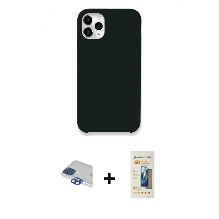 MARSİLYAN™- iPhone 11 Pro Max Kılıf Zirve Modern Özel Seri - Siyah 6D Mat Seramik Hayalet Nano Ekran Koruyucu + Pers Alüminyum Kamera Lens - LT