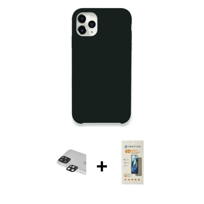 MARSİLYAN™- iPhone 11 Pro Max Kılıf Zirve Modern Özel Seri - Siyah 6D Mat Seramik Hayalet Nano Ekran Koruyucu + Pers Alüminyum Kamera Lens - SH