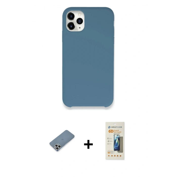 MARSİLYAN™- iPhone 11 Pro Max Kılıf Zirve Modern Özel Seri - Siyah 6D Mat Seramik Hayalet Nano Ekran Koruyucu + Gümüş Metal Kamera Lens Koruma Cam