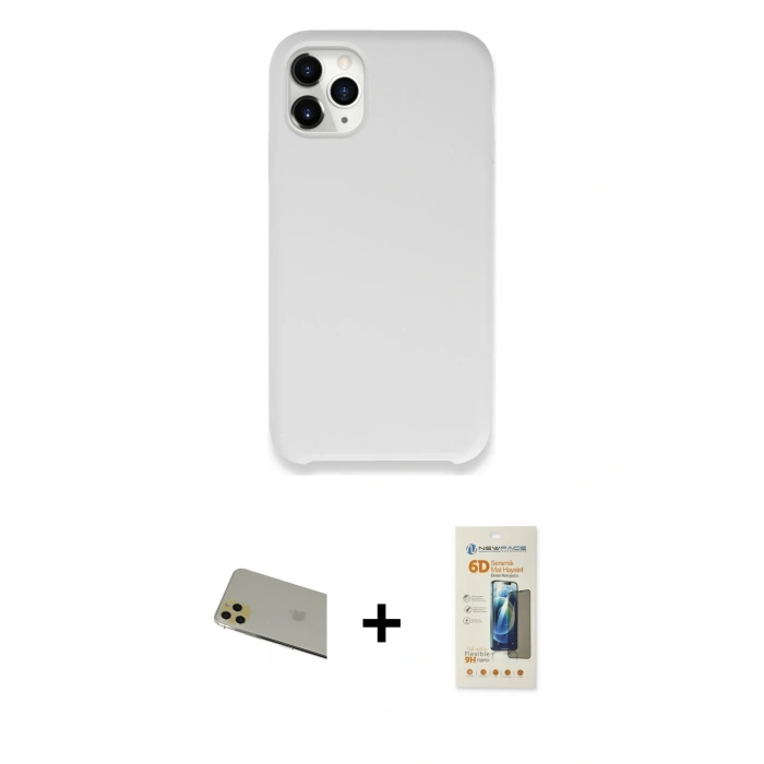 MARSİLYAN™- iPhone 11 Pro Max Kılıf Zirve Modern Özel Seri - Siyah 6D Mat Seramik Hayalet Nano Ekran Koruyucu + Gold Rainbow Kamera Lens Koruma Cam