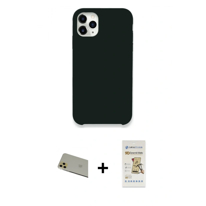 MARSİLYAN™- iPhone 11 Pro Max Kılıf Zirve Modern Özel Seri - Siyah Mat Seramik Nano Ekran Koruyucu + Rainbow Kamera Lens Koruma Cam - GD