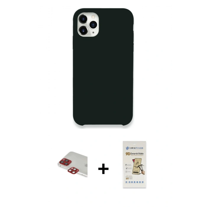 MARSİLYAN™- iPhone 11 Pro Max Kılıf Zirve Modern Özel Seri - Siyah Mat Seramik Nano Ekran Koruyucu + Pers Alüminyum Kamera Lens - KI
