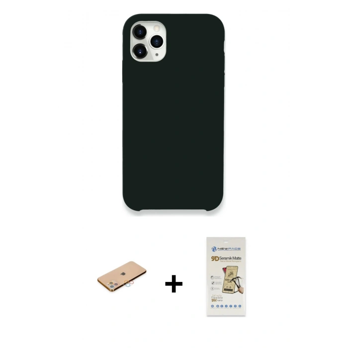 MARSİLYAN™- iPhone 11 Pro Max Kılıf Zirve Modern Özel Seri - Siyah Mat Seramik Nano Ekran Koruyucu + Renkli Kamera Lens Koruma Cam - PE