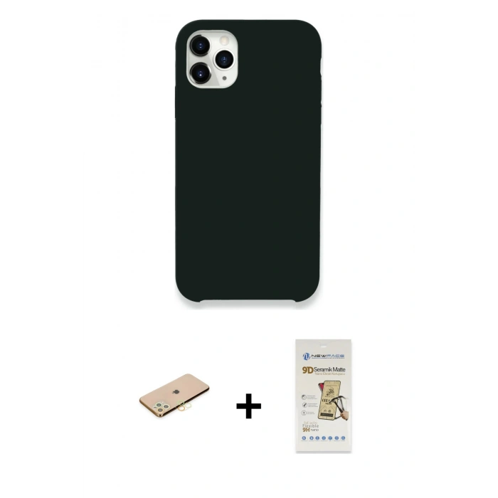MARSİLYAN™- iPhone 11 Pro Max Kılıf Zirve Modern Özel Seri - Siyah Mat Seramik Nano Ekran Koruyucu + Renkli Kamera Lens Koruma Cam - SI