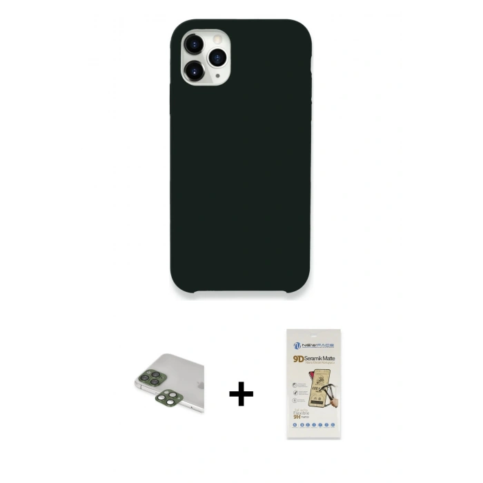 MARSİLYAN™- iPhone 11 Pro Max Kılıf Zirve Modern Özel Seri - Siyah Mat Seramik Nano Ekran Koruyucu + Pers Alüminyum Kamera Lens - YL
