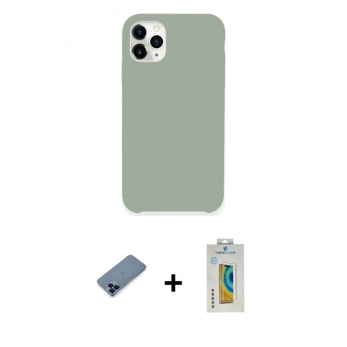 MARSİLYAN™- iPhone 11 Pro Max Kılıf Zirve Modern Özel Seri - Siyah Polymer Nano Ekran Koruyucu + Mavi Metal Kamera Lens Koruma Cam