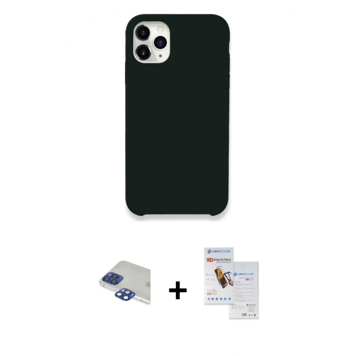 MARSİLYAN™- iPhone 11 Pro Max Kılıf Zirve Modern Özel Seri - Siyah Seramik Nano Ekran Koruyucu + Pers Alüminyum Kamera Lens - LT