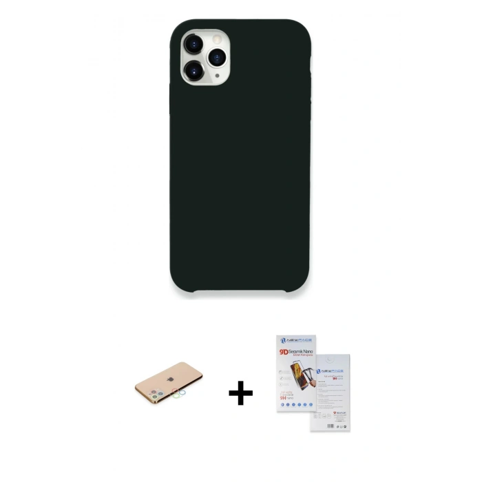 MARSİLYAN™- iPhone 11 Pro Max Kılıf Zirve Modern Özel Seri - Siyah Seramik Nano Ekran Koruyucu + Renkli Kamera Lens Koruma Cam - MI