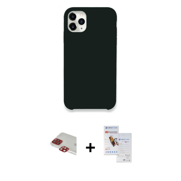 MARSİLYAN™- iPhone 11 Pro Max Kılıf Zirve Modern Özel Seri - Siyah Seramik Nano Ekran Koruyucu + Pers Alüminyum Kamera Lens - KI