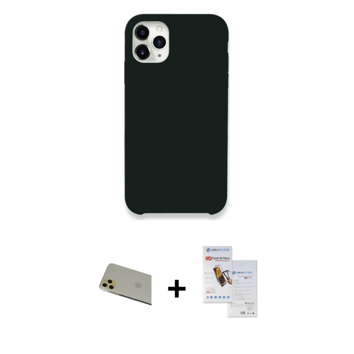 MARSİLYAN™- iPhone 11 Pro Max Kılıf Zirve Modern Özel Seri - Siyah Seramik Nano Ekran Koruyucu + Rainbow Kamera Lens Koruma Cam - GD