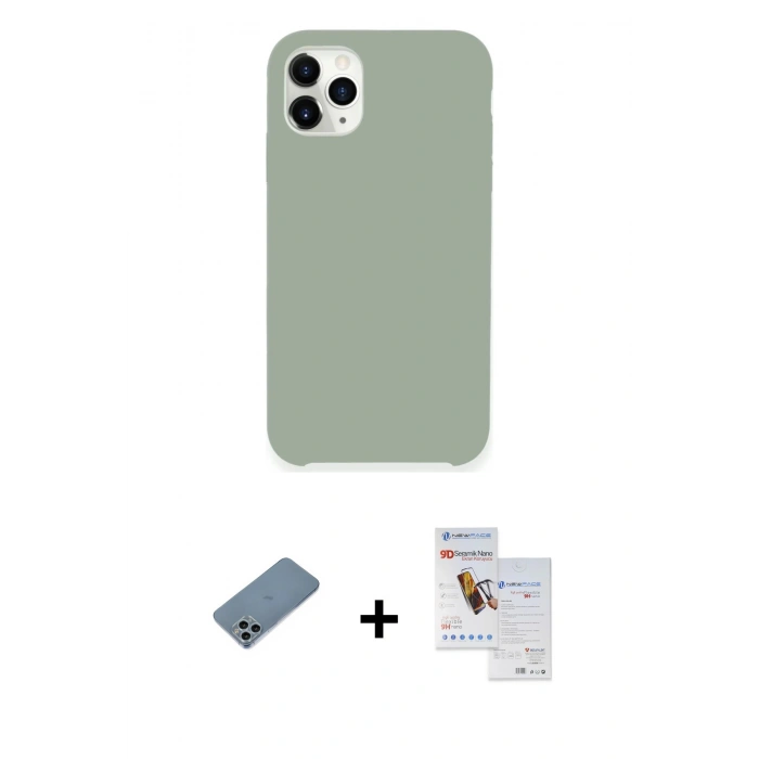 MARSİLYAN™- iPhone 11 Pro Max Kılıf Zirve Modern Özel Seri - Siyah Seramik Nano Ekran Koruyucu + Sierra Blue Shine Kamera Lens Koruma Cam