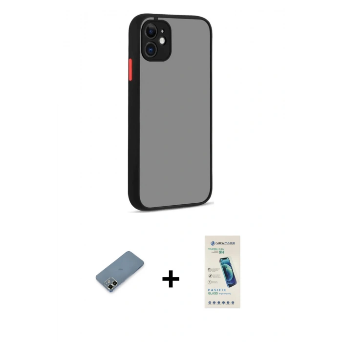 MARSİLYAN™- iPhone 12 Kılıf Ahenk Çizgi Serisi - Şeffaf Pasifik Cam Ekran Koruyucu + Metal Kamera Lens Koruma Cam - AKYL