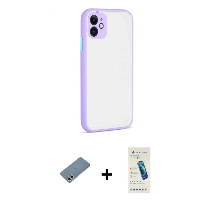 MARSİLYAN™- iPhone 12 Kılıf Ahenk Çizgi Serisi - Şeffaf Pasifik Cam Ekran Koruyucu + Shine Kamera Lens Koruma Cam - GS