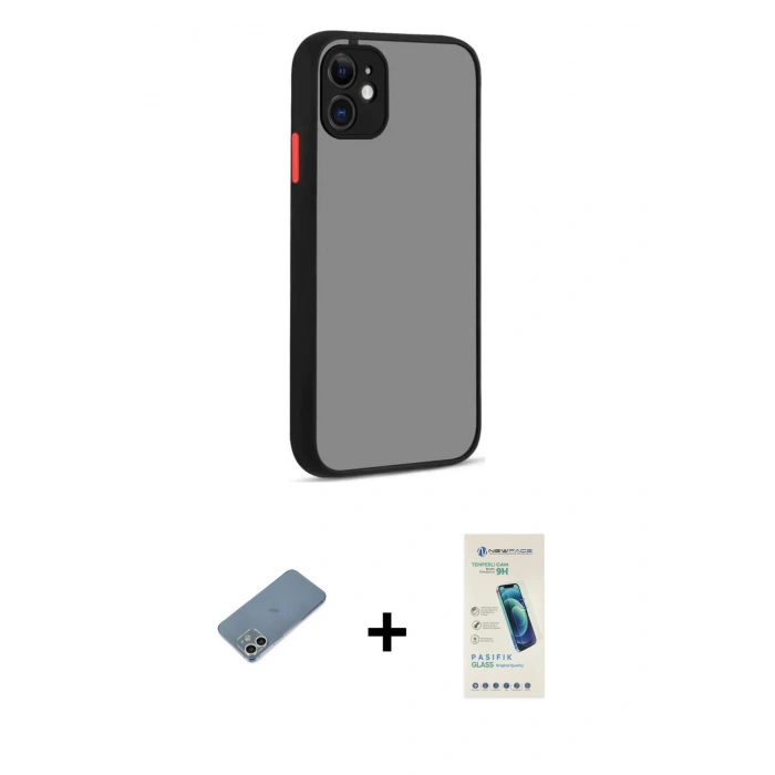 MARSİLYAN™- iPhone 12 Kılıf Ahenk Çizgi Serisi - Şeffaf Pasifik Cam Ekran Koruyucu + Shine Kamera Lens Koruma Cam - GS