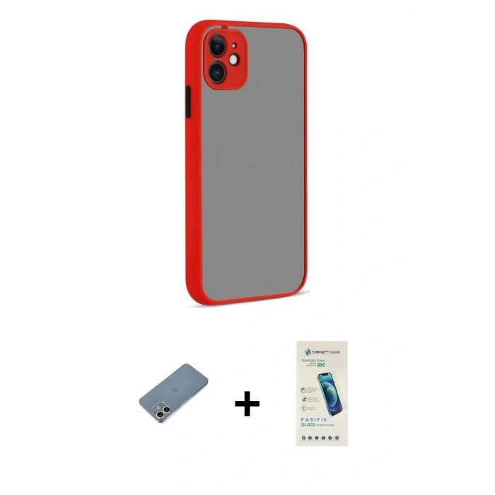 MARSİLYAN™- iPhone 12 Kılıf Ahenk Çizgi Serisi - Şeffaf Pasifik Cam Ekran Koruyucu + Shine Kamera Lens Koruma Cam - GS