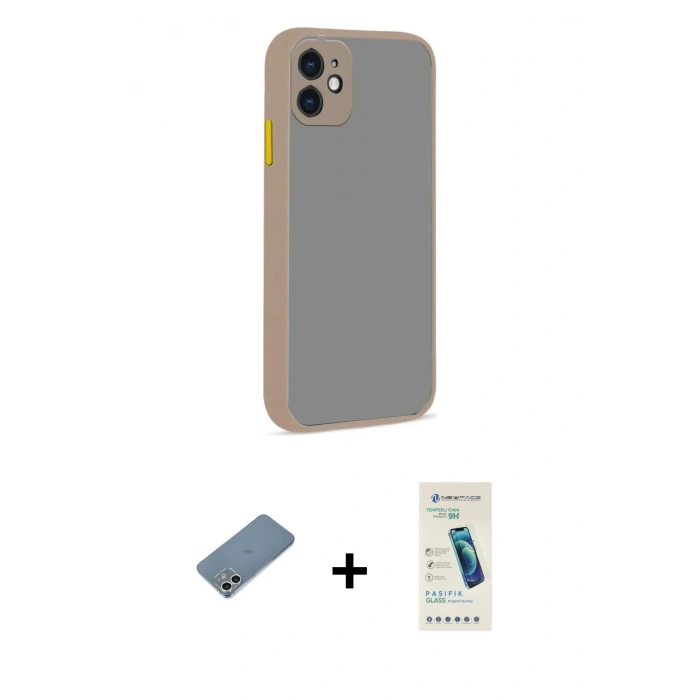 MARSİLYAN™- iPhone 12 Kılıf Ahenk Çizgi Serisi - Şeffaf Pasifik Cam Ekran Koruyucu + Shine Kamera Lens Koruma Cam - GS