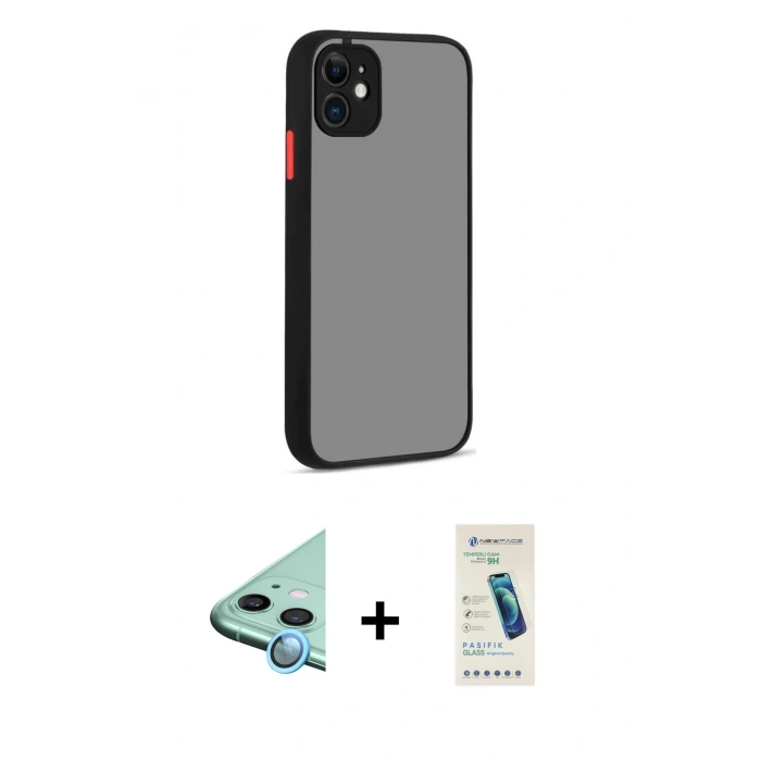 MARSİLYAN™- iPhone 12 Kılıf Ahenk Çizgi Serisi - Şeffaf Pasifik Cam Ekran Koruyucu + Raze Metal Kamera Lens - MI