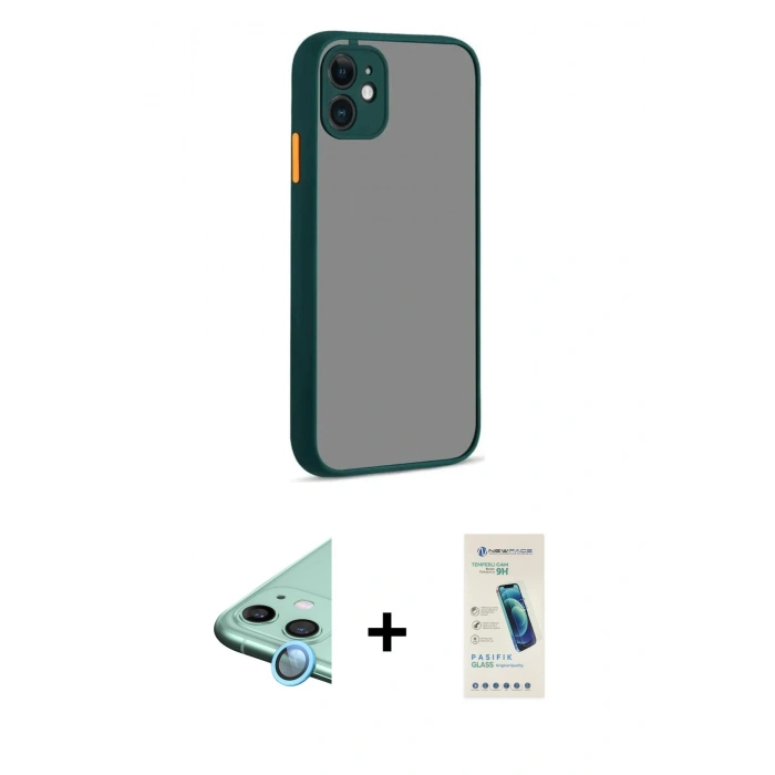 MARSİLYAN™- iPhone 12 Kılıf Ahenk Çizgi Serisi - Şeffaf Pasifik Cam Ekran Koruyucu + Raze Metal Kamera Lens - MI