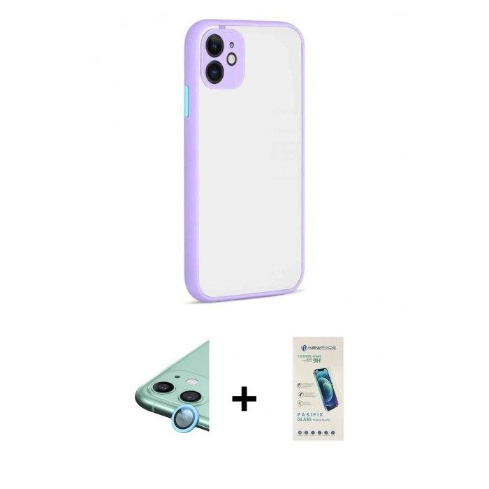 MARSİLYAN™- iPhone 12 Kılıf Ahenk Çizgi Serisi - Şeffaf Pasifik Cam Ekran Koruyucu + Raze Metal Kamera Lens - MI