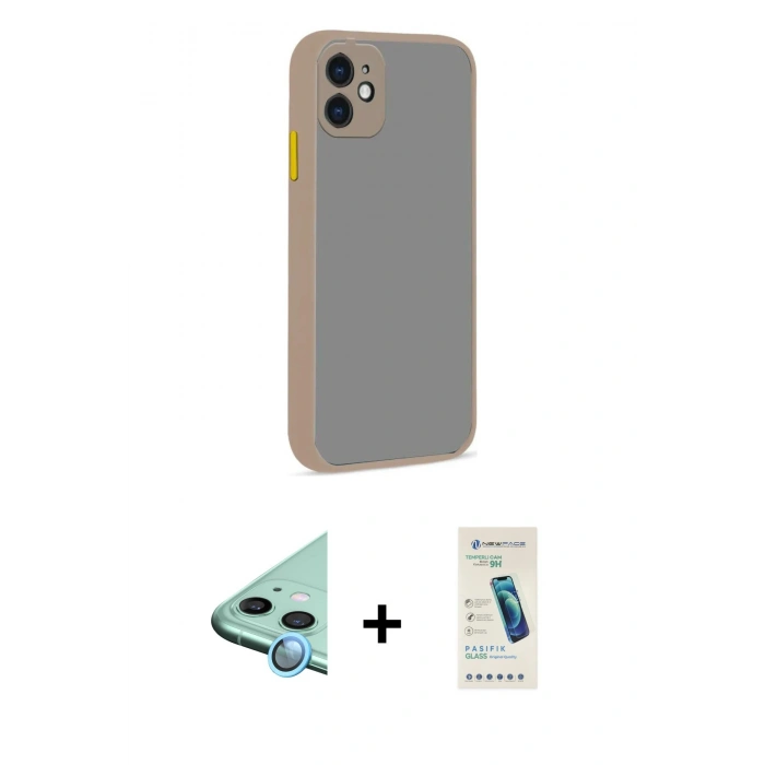 MARSİLYAN™- iPhone 12 Kılıf Ahenk Çizgi Serisi - Şeffaf Pasifik Cam Ekran Koruyucu + Raze Metal Kamera Lens - MI