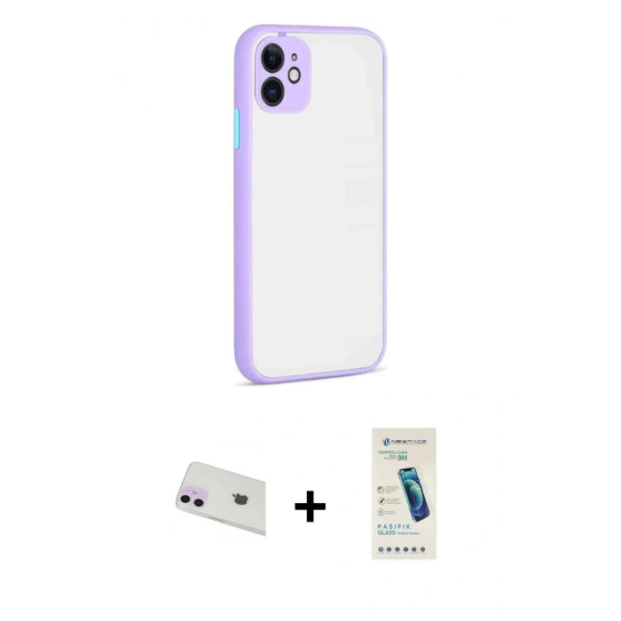 MARSİLYAN™- iPhone 12 Kılıf Ahenk Çizgi Serisi - Şeffaf Pasifik Cam Ekran Koruyucu + Rainbow Kamera Lens Koruma Cam - MR